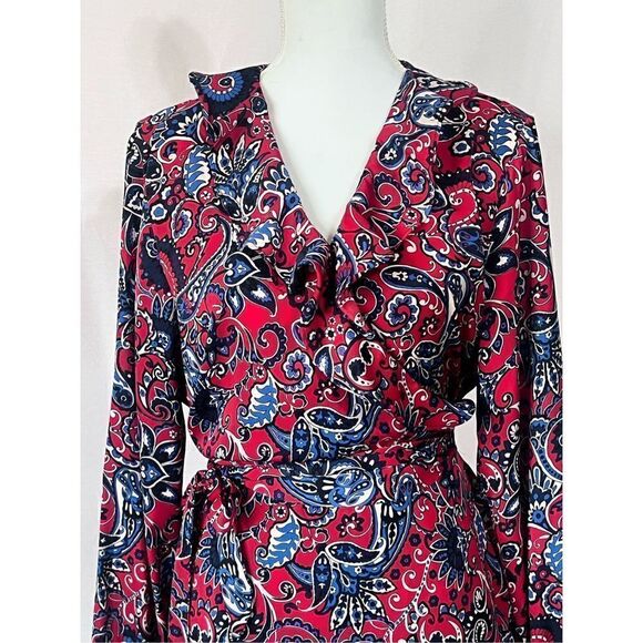 Gigi Parker red and blue paisley long sleeve ruffled wrap maxi dress hem sz XL - Picture 2 of 8